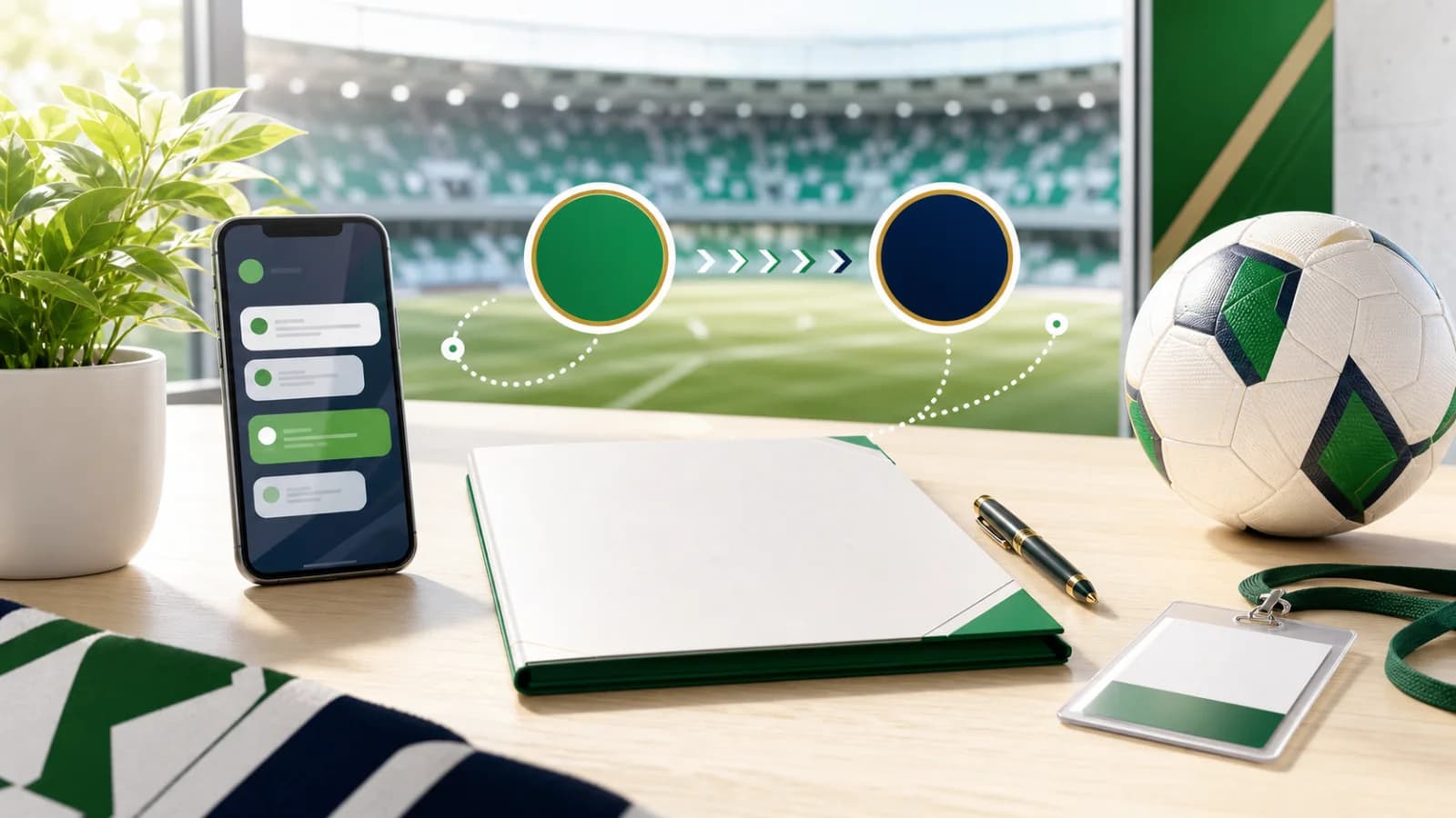 Telefon, kontraktsmappe og overgangslinjer ved en lys fotballstadion, KI-generert illustrasjonsbilde