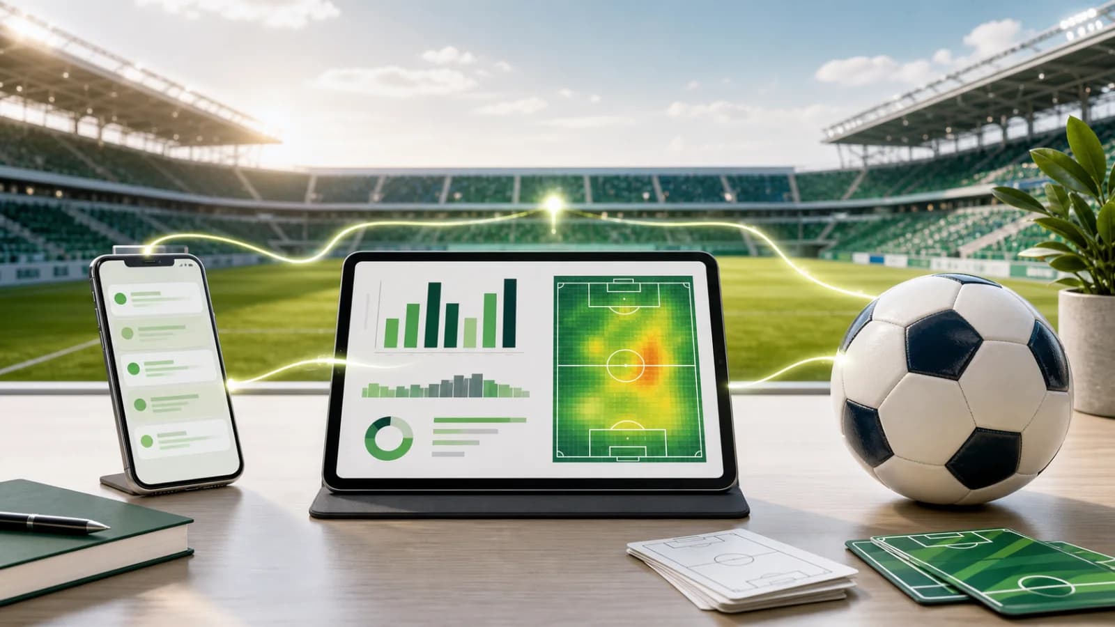 Fotballanalyse med abstrakte grafer, varmekart og signal fra telefon, KI-generert illustrasjonsbilde