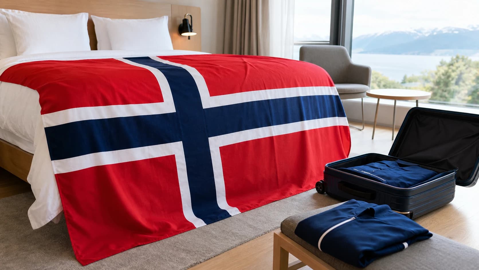 Norsk flagg dekker en hotellseng ved siden av en pakket landslagskoffert, KI-generert illustrasjonsbilde