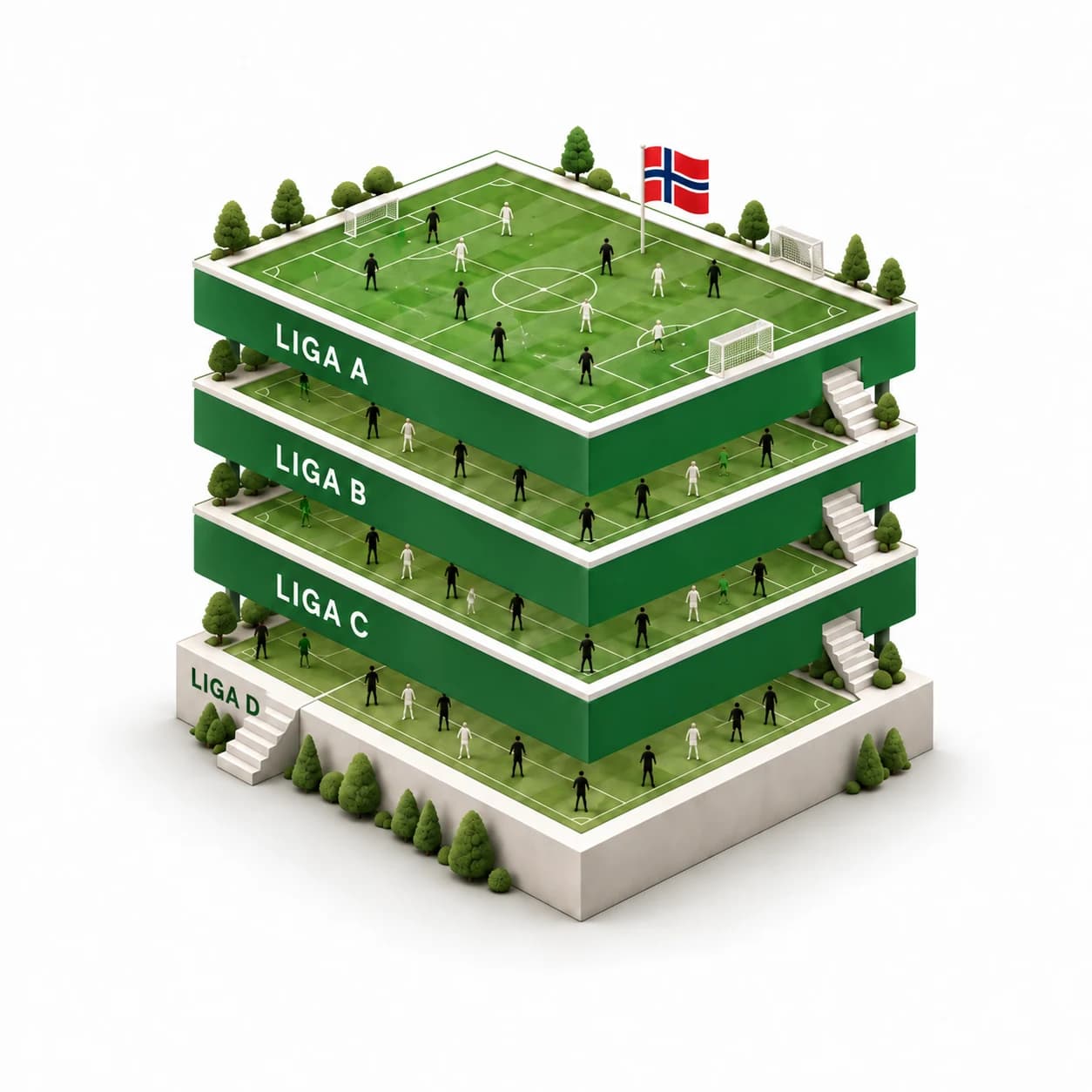 Fire fotballbaner over hverandre illustrerer liga A, B, C og D. Norge er i liga A, øverst.