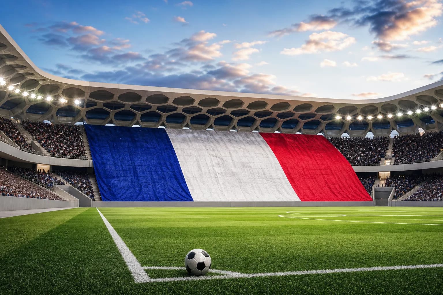 Den franske trikoloren dekker hovedtribunen på et moderne fotballstadion, KI-generert illustrasjonsbilde