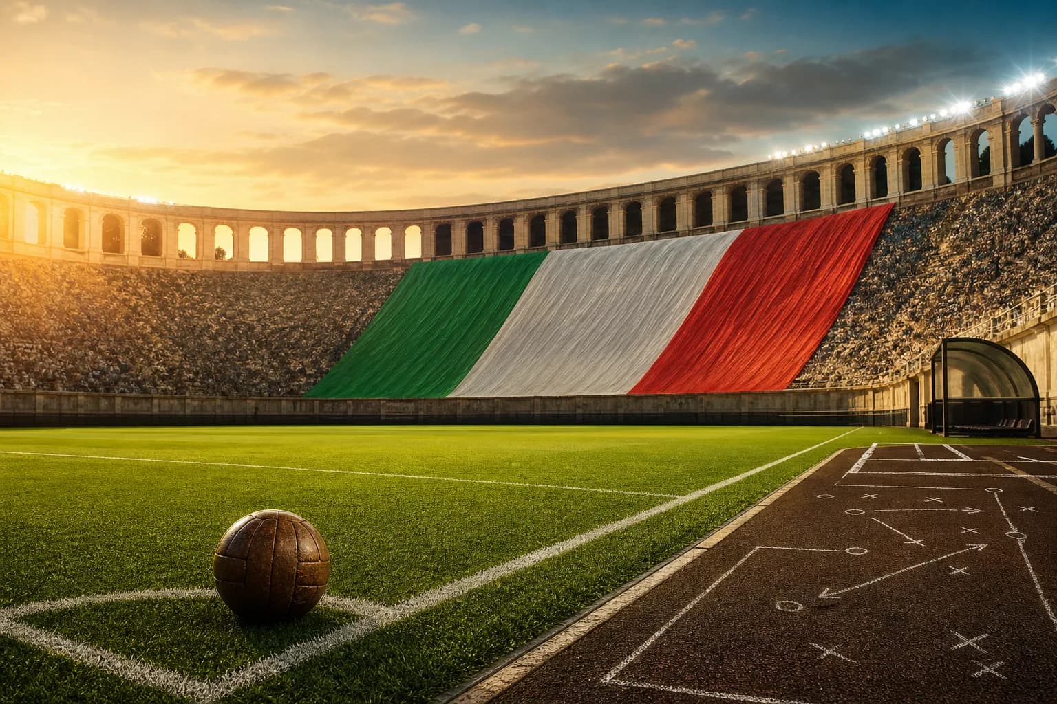 Den italienske trikoloren dekker tribunen på en solbelyst fotballarena, KI-generert illustrasjonsbilde
