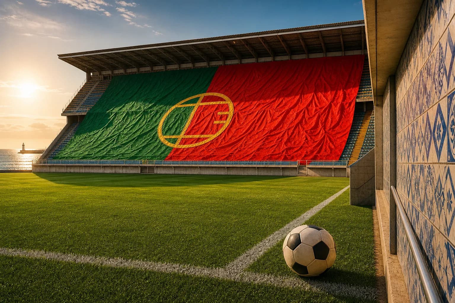 Det portugisiske flagget dekker tribunen ved en atlantisk fotballarena, KI-generert illustrasjonsbilde