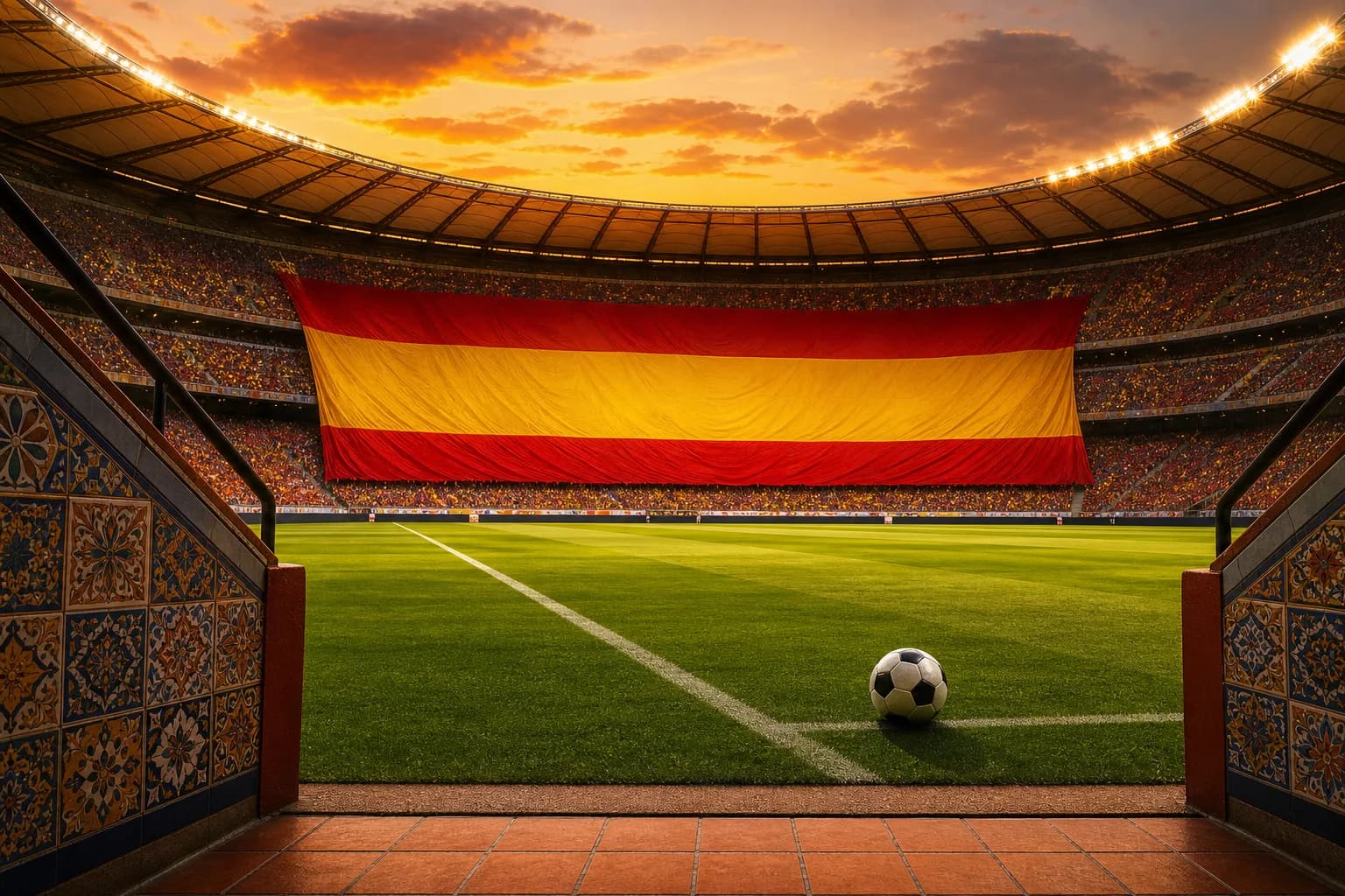 Det spanske flagget dekker tribunen på et stadion i varmt kveldslys, KI-generert illustrasjonsbilde