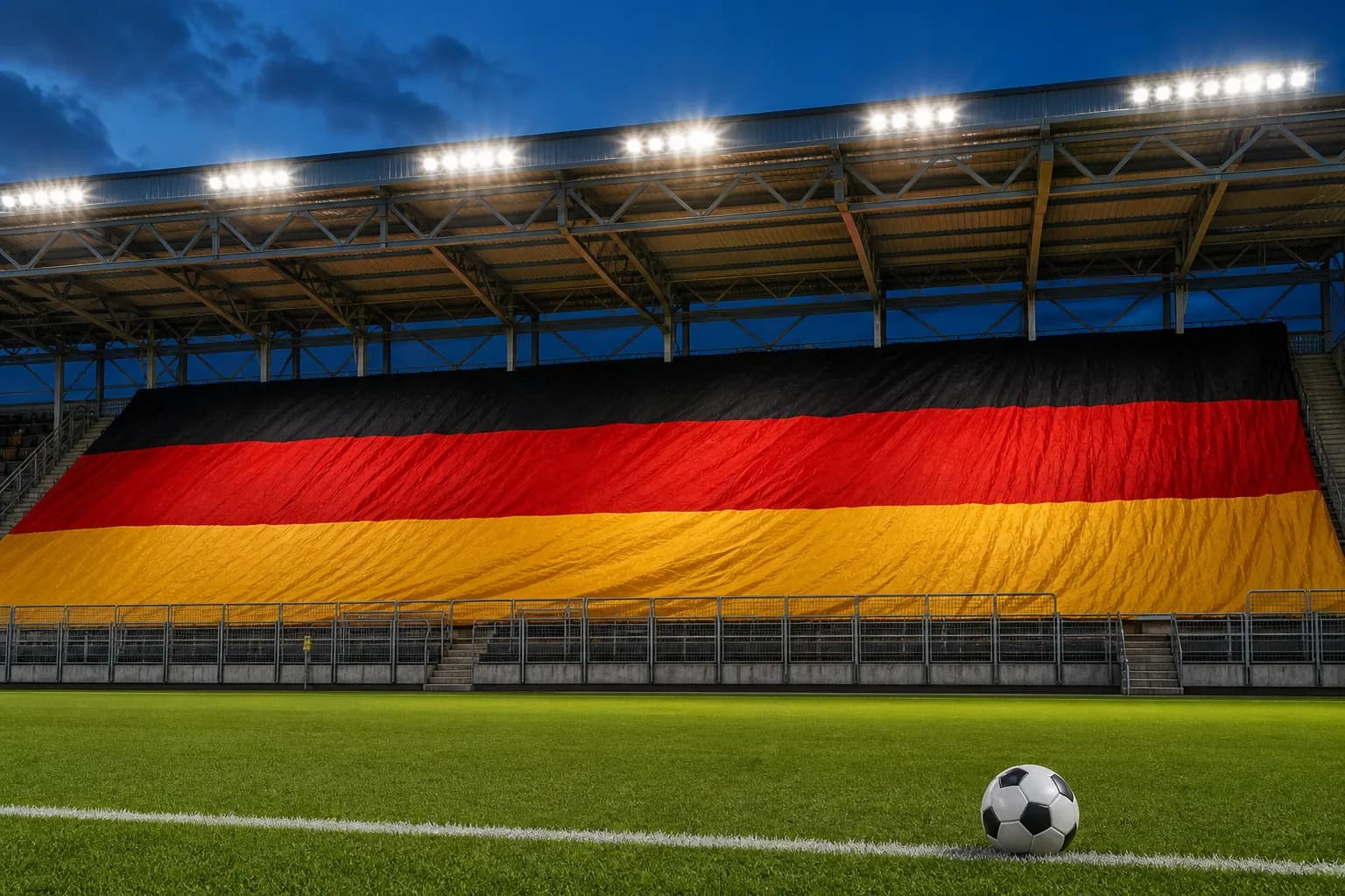 Det tyske flagget dekker en ståtribune under flomlys, KI-generert illustrasjonsbilde