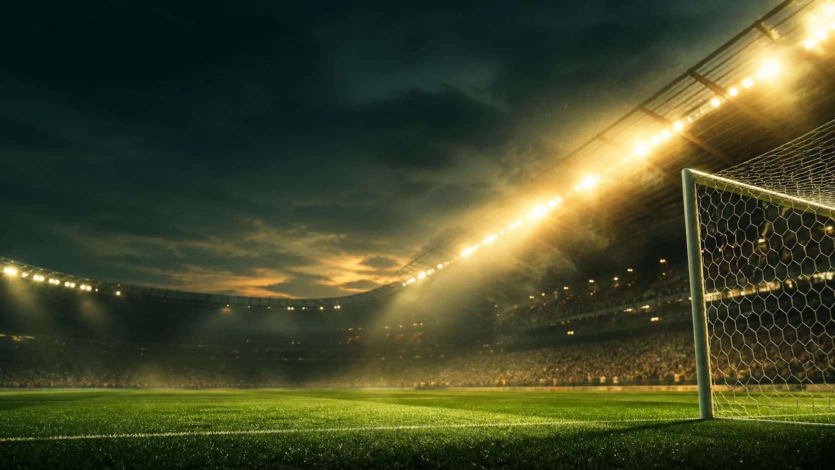 Generisk fotballstadion under flomlys ved skumring