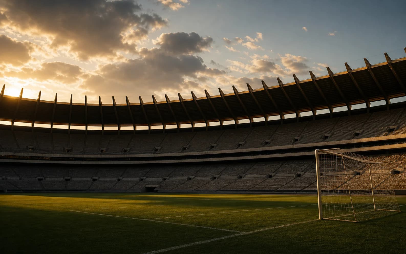 Monumentalt generisk fotballstadion i varmt kveldslys