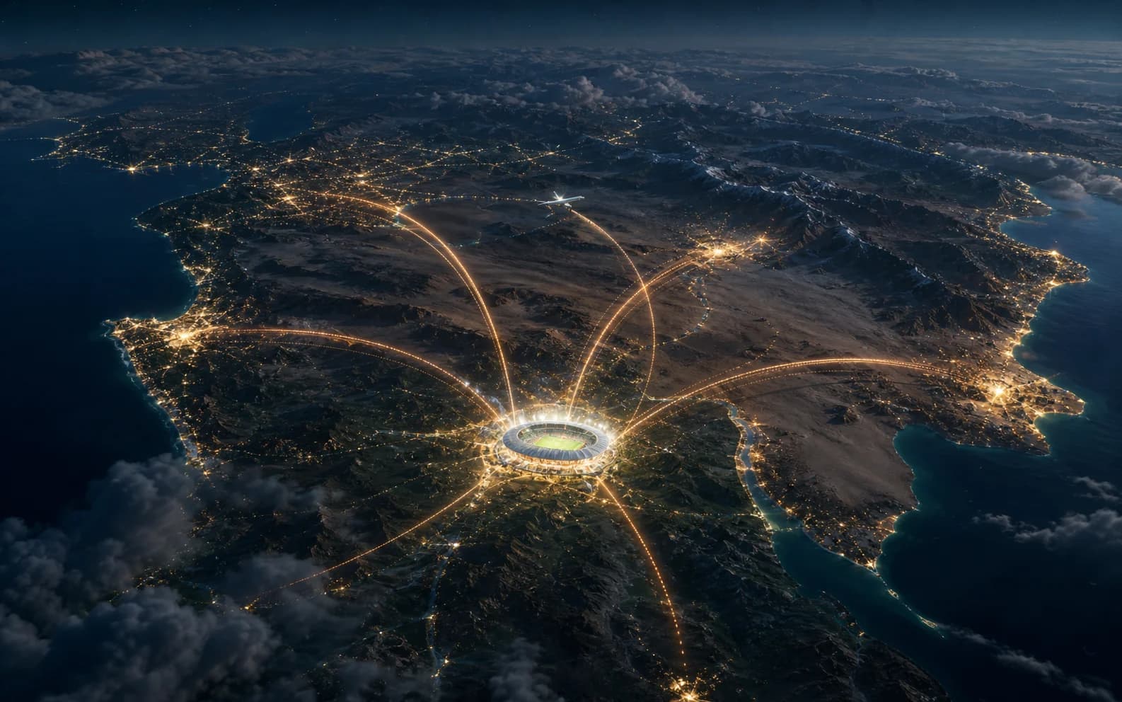 Luftig nattlandskap med stadion og lysruter som antyder lange reiser