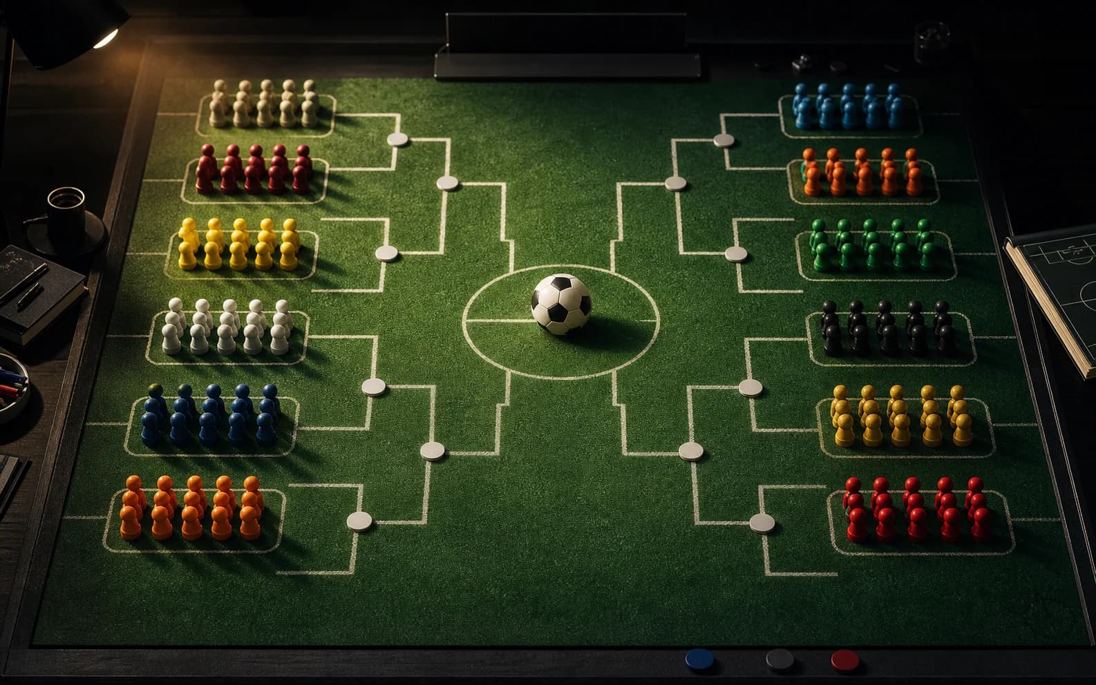 Taktisk bord med mange fotballmarkører arrangert i grupper og sluttspillspor