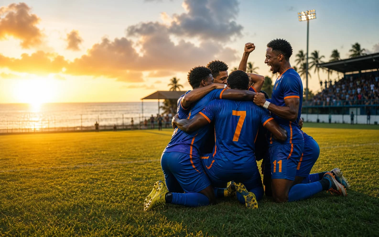 Lite kystnært fotballstadion der anonyme spillere feirer under solnedgang