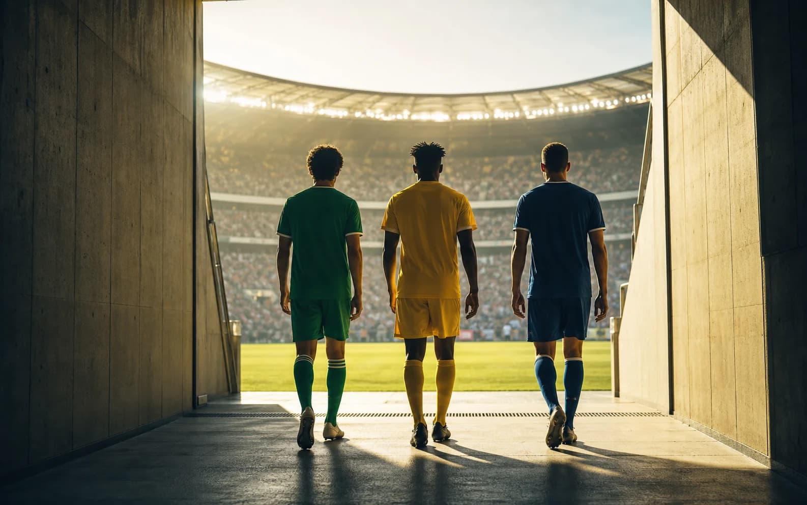 Tre anonyme spillere går fra tunnel mot et stort stadionlys