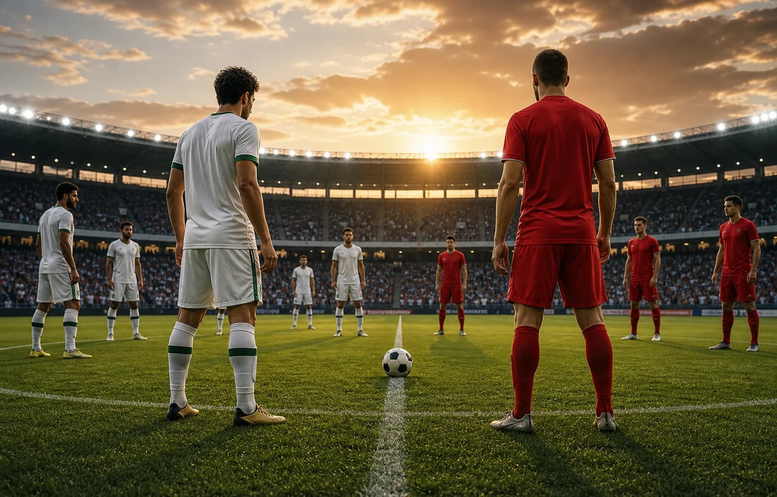 Anonyme spillere forbereder avspark i en åpningskamp under varmt stadionlys