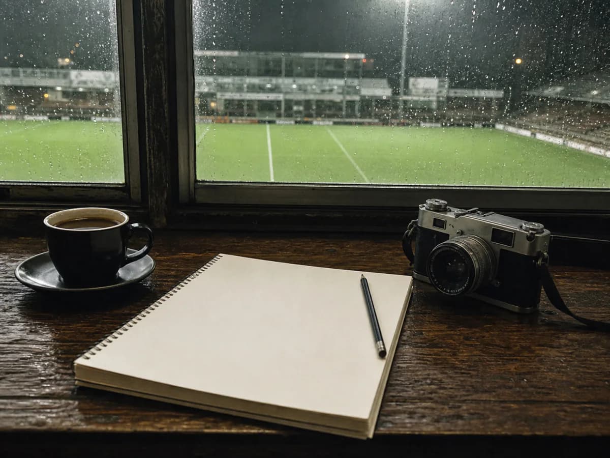 Blank notatbok, blyant, kaffekopp og analogt kamera foran en regnvåt, flombelyst fotballbane
