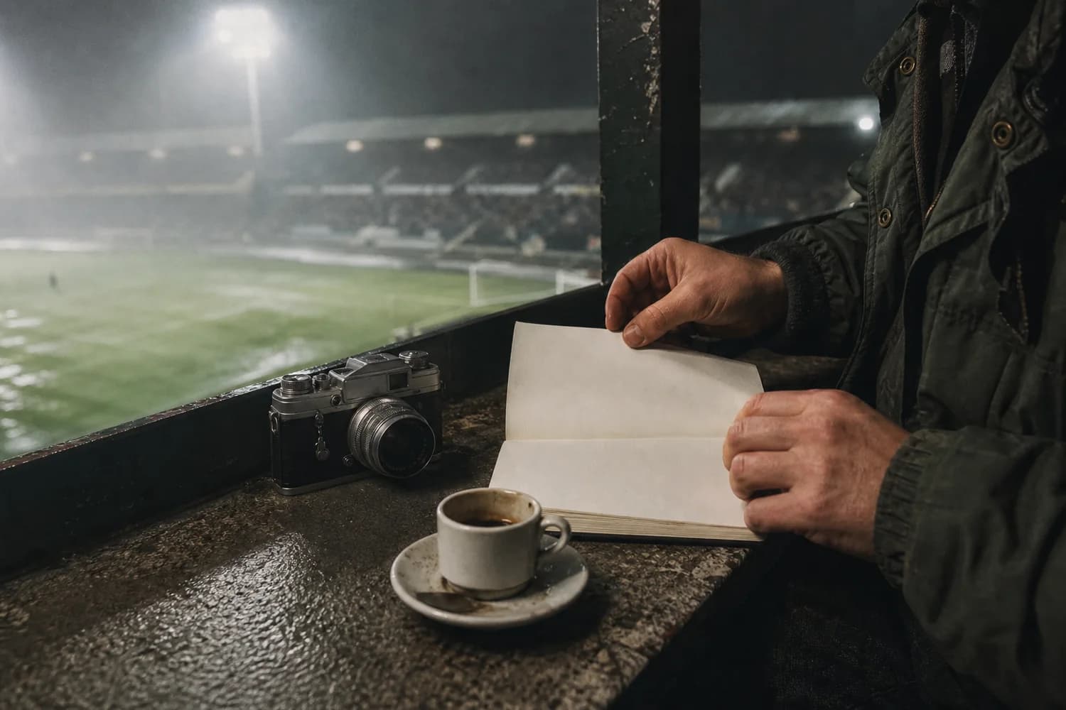 Reporter blar i en tom notatbok ved siden av kamera og kaffe på en gammel fotballtribune